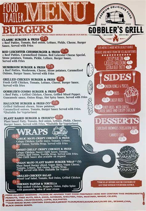 Gobbler grill menu - Press alt + / to open this menu. Facebook. Email or phone: Password: Forgot account? Sign Up. See more of Gobbler Grill on Facebook. Log In. or. Create new account. See more of Gobbler Grill on Facebook ... Gobbler Grill. Today at 10:22 AM. Come see me tonight at The Grill and get a Fire Department raffle ticket !!! Gobbler Grill. Today at 7:53 ...